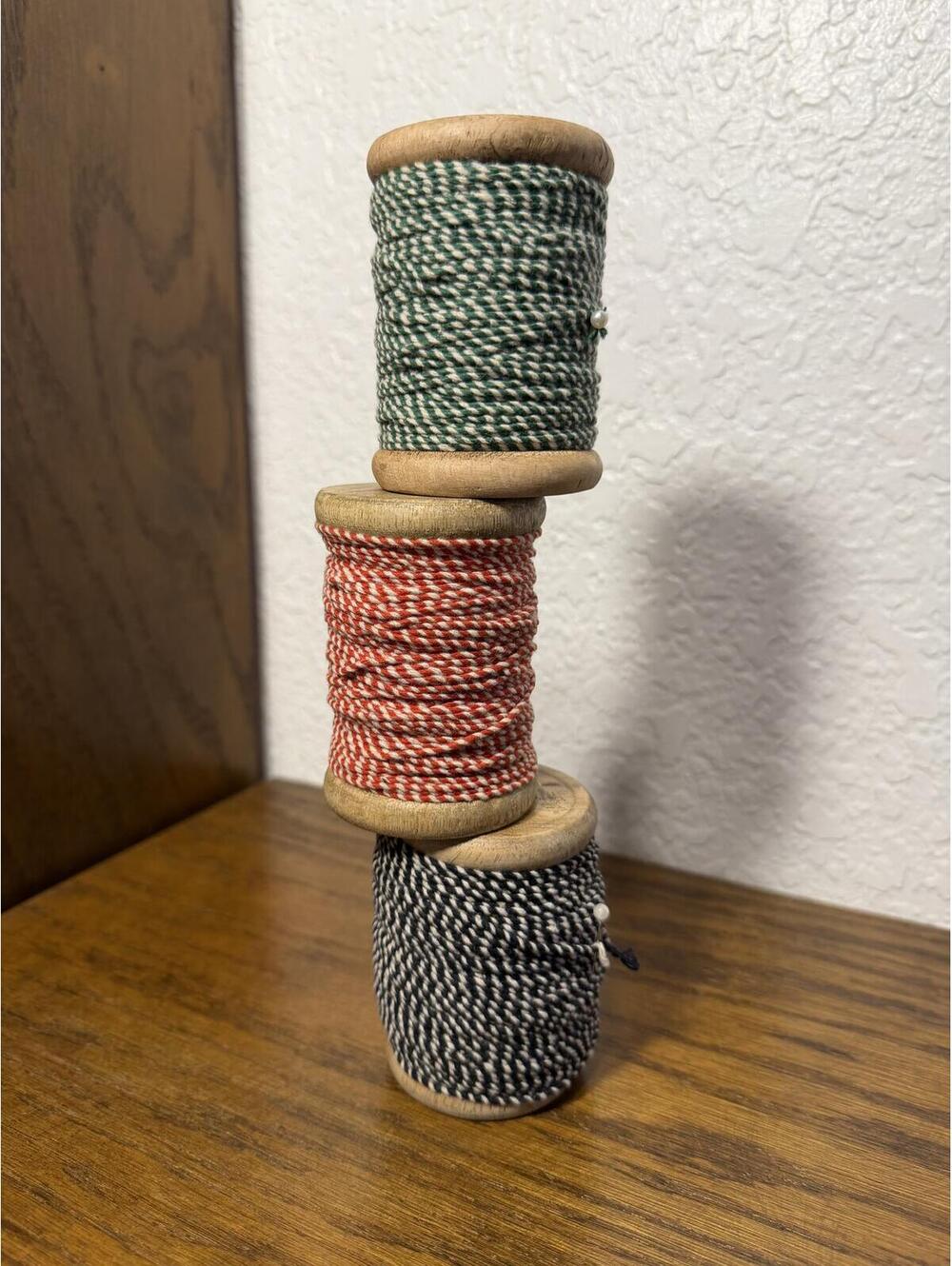 Vintage Wooden Spools with Baker's Twine Set of 3, Primitive Farmhouse Decor